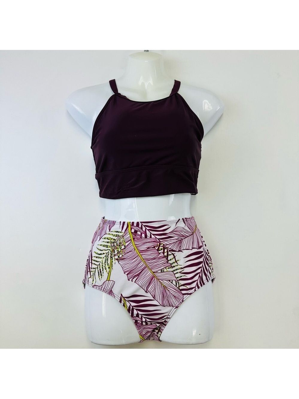 Bikini high waisted Small Print bottom Solid Plum top Summer Resort NEW